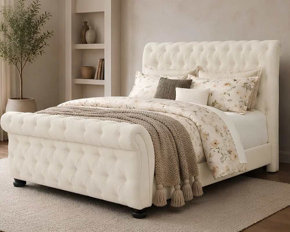Contemporary Velvet King Size Sleigh Bed - 5ft Bed Frame - King Bed with Mattress - Image 3
