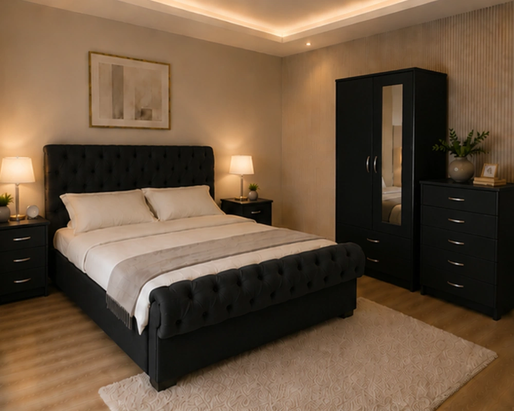 Family Bedroom Furniture Set - King Size Bed - Two Door Mirror Wardrobe - Chest of Five Drawers - Two Bedside Tables - Image 4