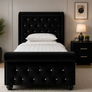 Modern Black Sleigh Bed 3ft – Elegant Upholstered Single Bed with mattress