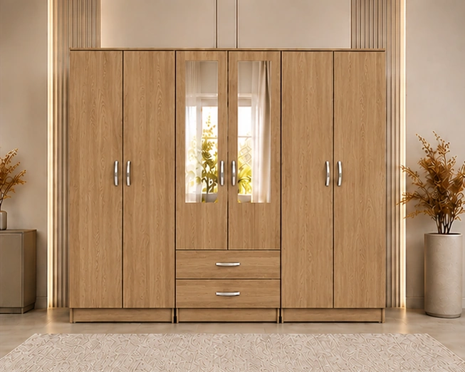 Modern Elegant 6 Door Wardrobe with Mirrors, Drawers and Spacious Storage