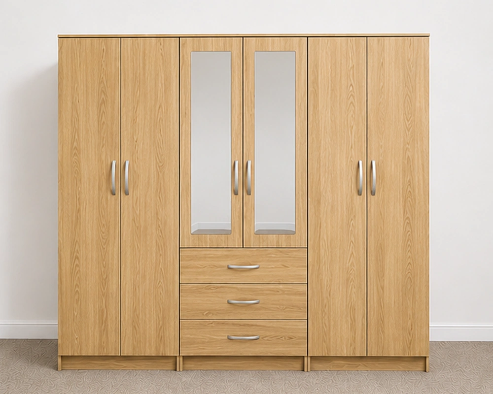 Modern 6 Door Oak Colour Wardrobe with 3 Drawers & 2 Mirrors – Bedroom Storage Cabinet - Image 2