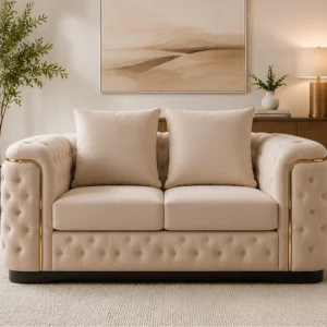 Madrid Beige 2 Seater Sofa – Luxury Chesterfield Fabric Sofa with Gold Accents | UK