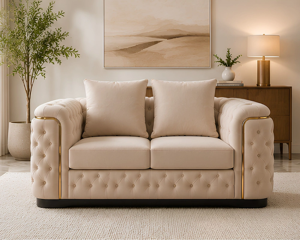 Madrid Beige 2 Seater Sofa – Luxury Chesterfield Fabric Sofa with Gold Accents | UK
