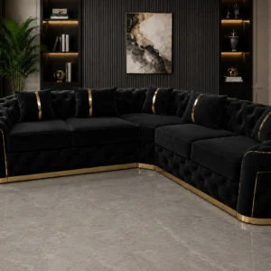 Madrid 5 Seater Black Velvet Corner Sofa with Gold Trim