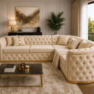 Madrid 5 Seater Corner Sofa – Luxury Tufted Fabric Sofa with Gold Detailing