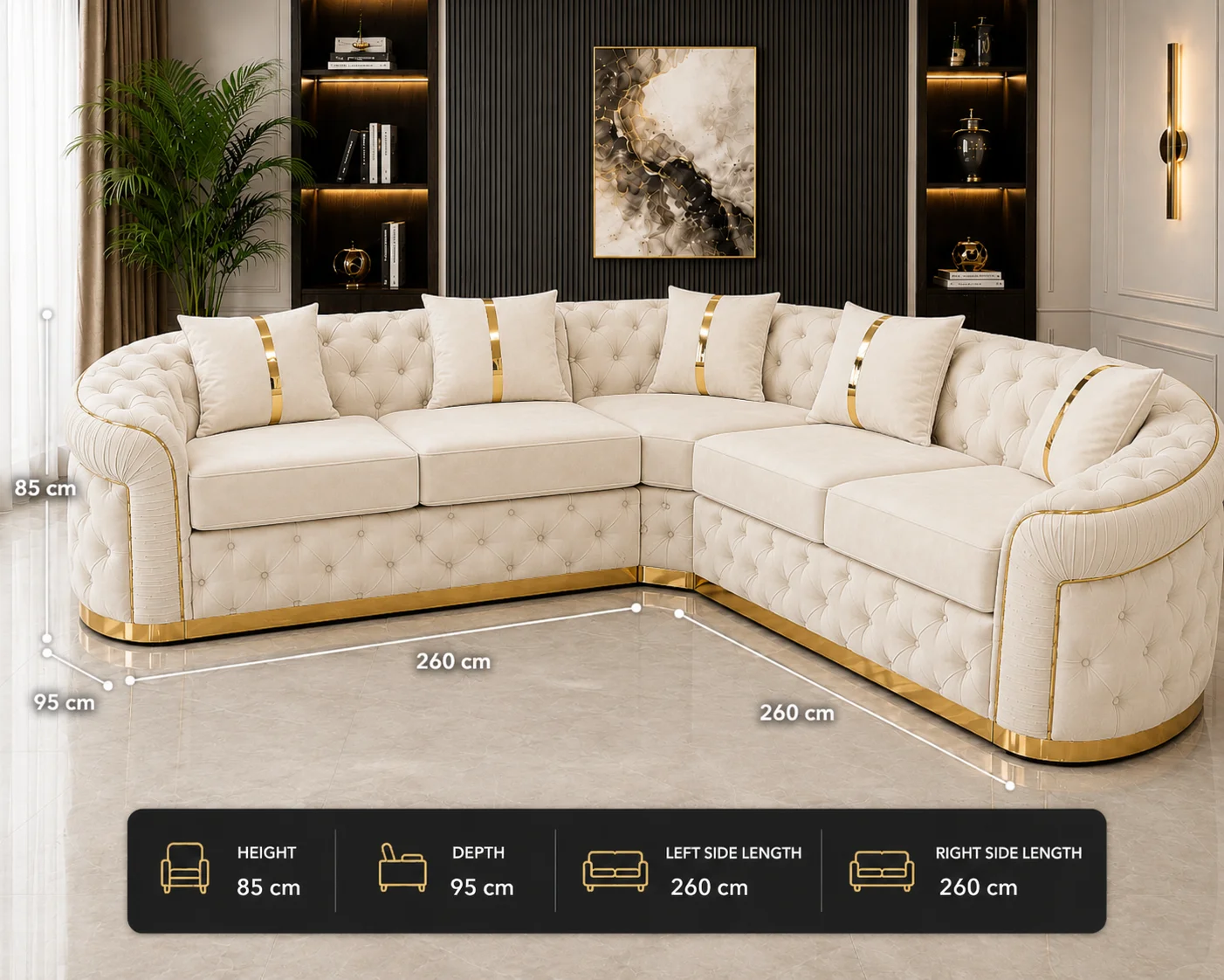 Luxury Off White L-Shaped Chesterfield Corner Sofa with Gold Accents - Image 5