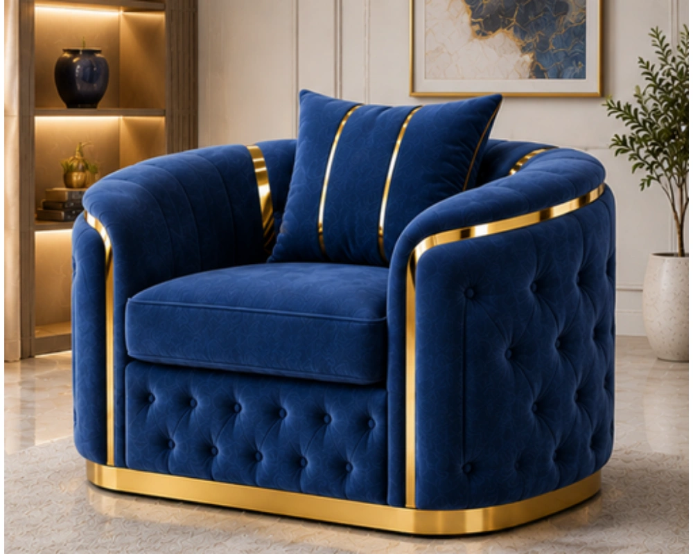 Madrid Blue Velvet Armchair – Luxury Chesterfield Accent Chair with Gold Accents | UK