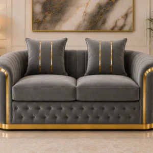 Madrid Grey 2 Seater Sofa – Luxury Velvet Chesterfield Sofa with Gold Accents | UK
