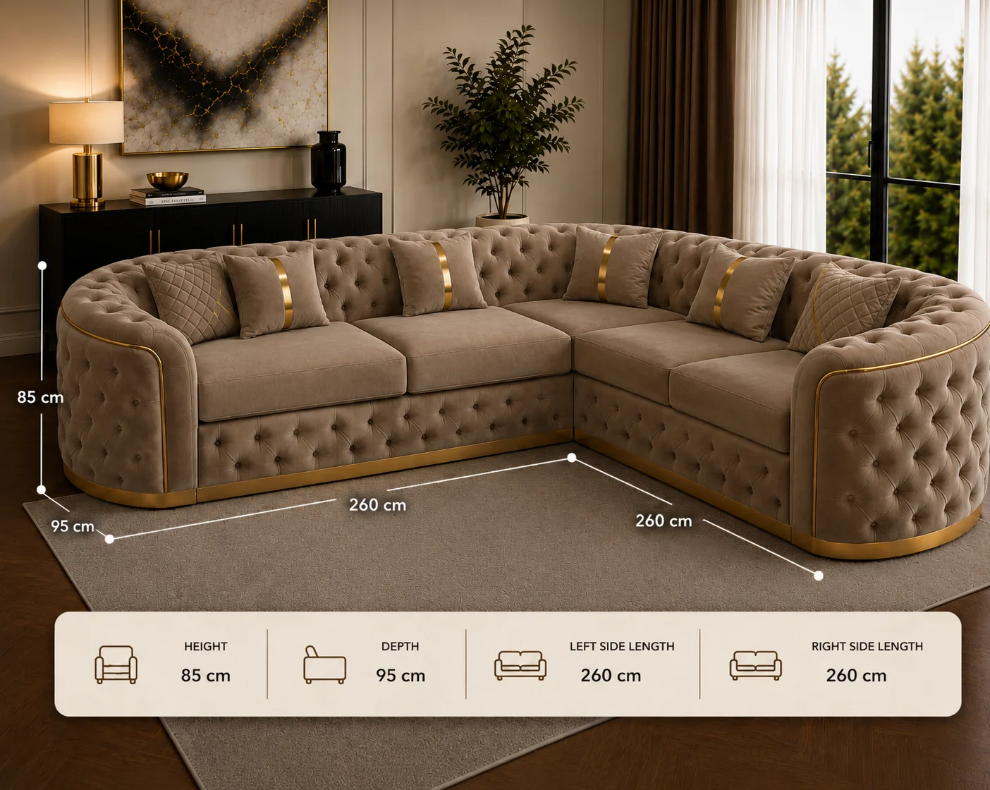 Imperial Tufted Corner Sofa with Gold Accents | Luxury L-Shaped Velvet Chesterfield Sofa UK - Image 5