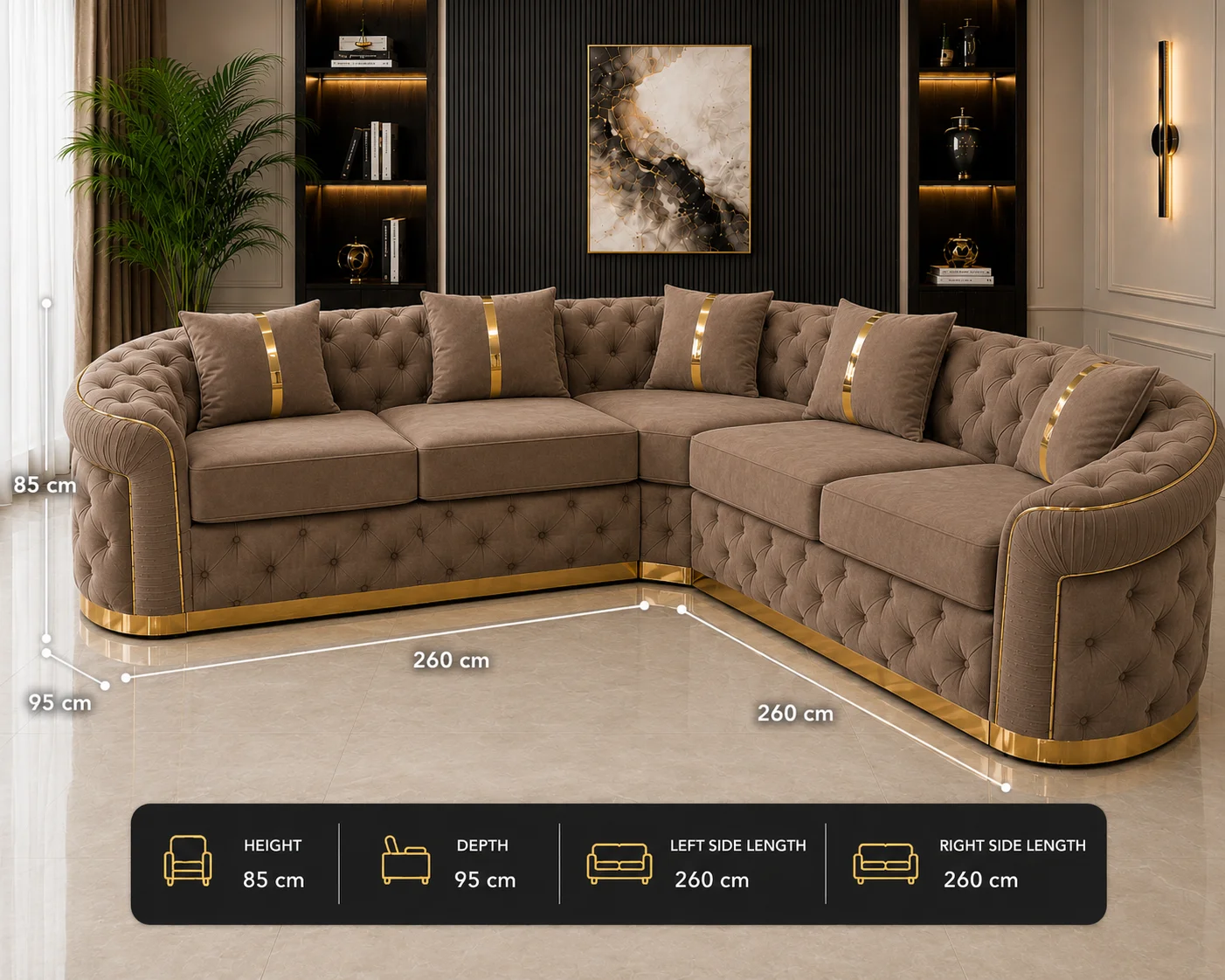 Imperial Tufted Corner mink Sofa with Gold Accents | Luxury L-Shaped Velvet Chesterfield Sofa UK - Image 5