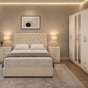 Modern King Size Bed Furniture Collection - Six Door Wardrobe - Five Drawer Chest - Two Side Tables