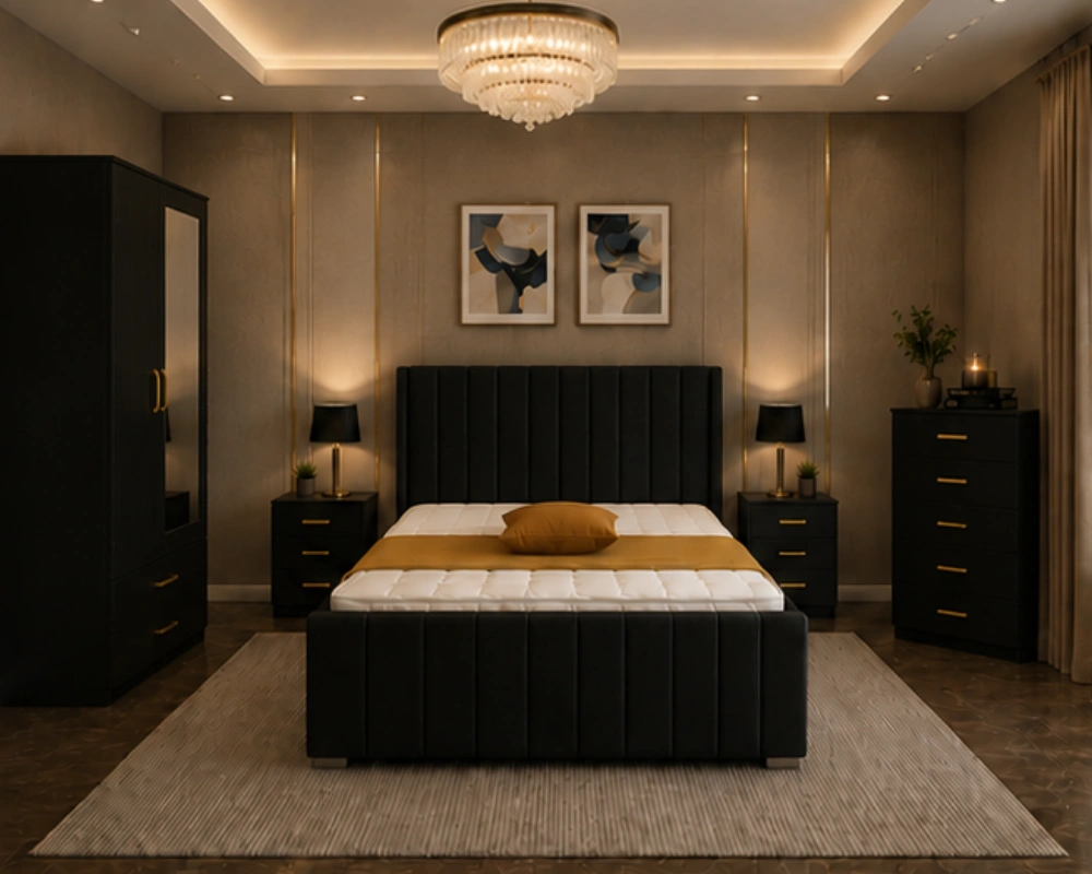 Premium Home Bedroom Set - King Size Bed - Two Door Wardrobe With Mirror - Five Drawer Chest - Two Bedside Tables