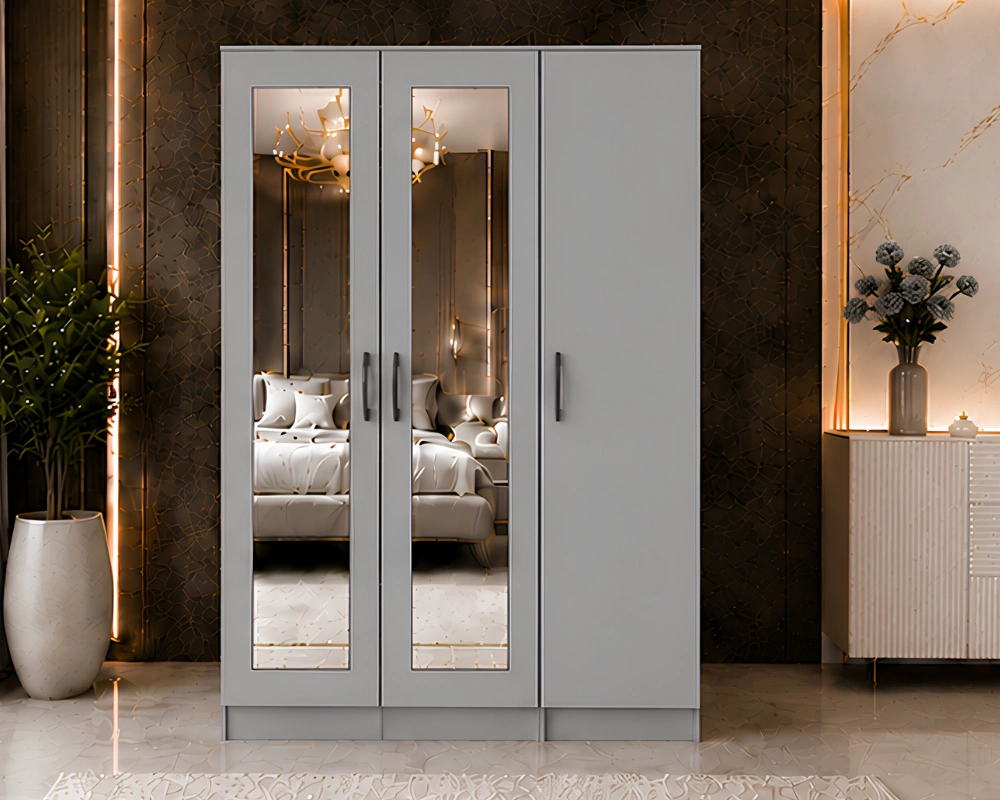 Elegant Light Grey 3 Door Wardrobe with Mirrors – Contemporary Wooden Bedroom Furniture - Image 2
