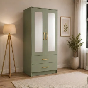 2 Door Wardrobe with Half Mirror Panels with vintage colors - Modern Bedroom Wardrobe with 2 Mirrors & Drawers