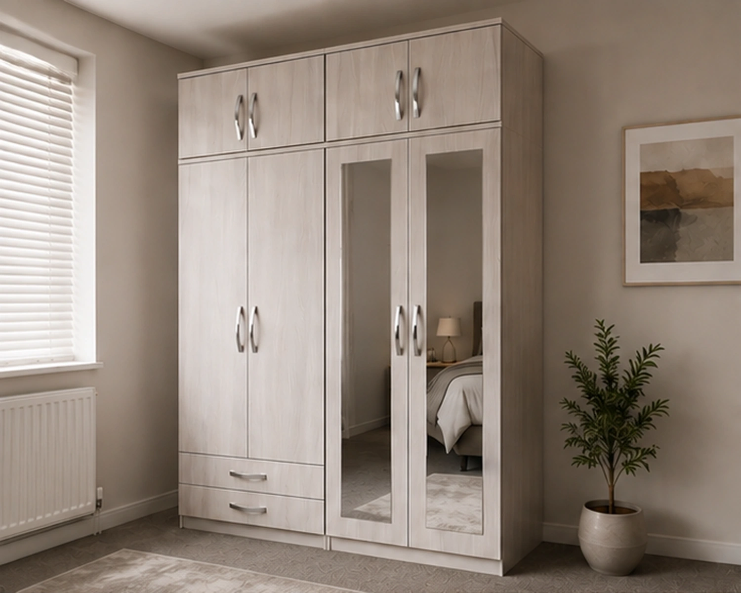 4 Door Wardrobe with Double Long Mirrors & 4 Storage Drawers - Image 3