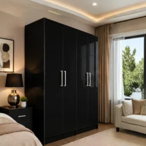 Black High Gloss 4 Door Wardrobe – Luxury Modern Bedroom Storage Cabinet