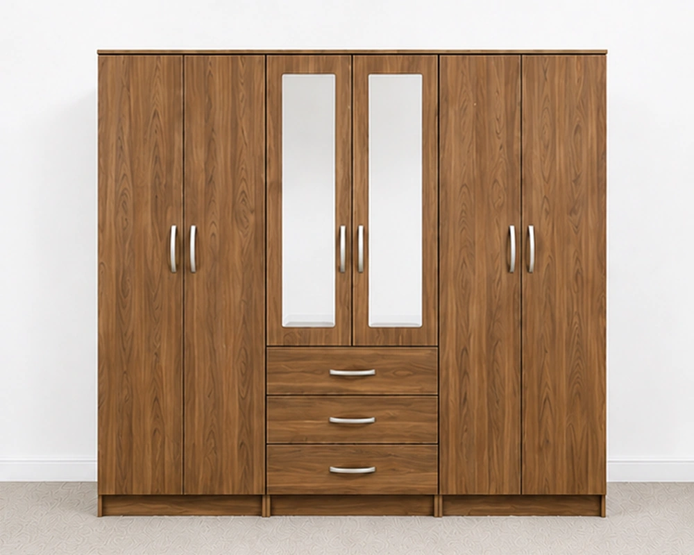 6 Door Wooden Wardrobe with 3 Drawers & Double Mirrors – Modern Bedroom Storage Cabinet - Image 2