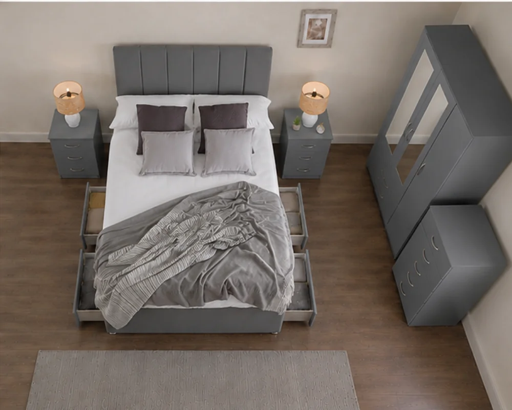 Storage Grey Bedroom Furniture Set - 3 Door Wardrobe with Drawer Bed, Bed Side tables & Chest of drawers - Image 4