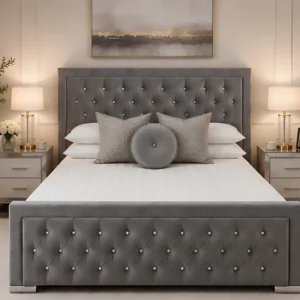 Modern Grey Hilton Upholstered Bed with mattress – Premium 160×200 cm Double Bed with Mattress