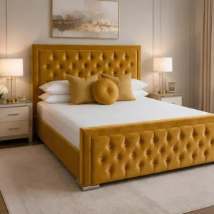 Golden Yellow Hilton 5ft King Bed With mattress – Elegant Tufted Headboard with Mattress