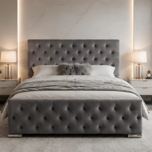 Contemporary Grey Velvet Bed with mattress – Diamond Button Tufted Double Bed Frame