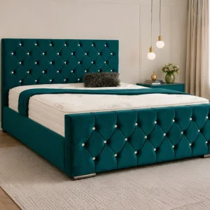 Deep Teal Florida King Size Bed – 180 × 200 cm 5ft Tufted Headboard with Mattress