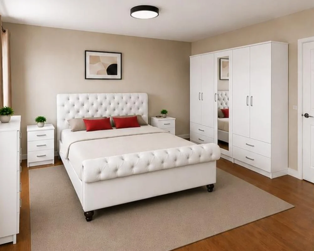 Modern Double Bed Furniture Collection - five Door Wardrobe With Four Drawer - Chest of Five Drawers With Two Bed Side Table