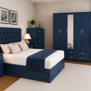 Contemporary Bedroom Suite – Double Bed, Five Door Wardrobe, Full Mirror, Four Bottom Drawers & Matching Furniture
