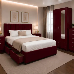 Elegant Home Bedroom Set - Double Bed - 2 Door Wardrobe With Mirror - Five Drawer Chest - Two Bedside Tables
