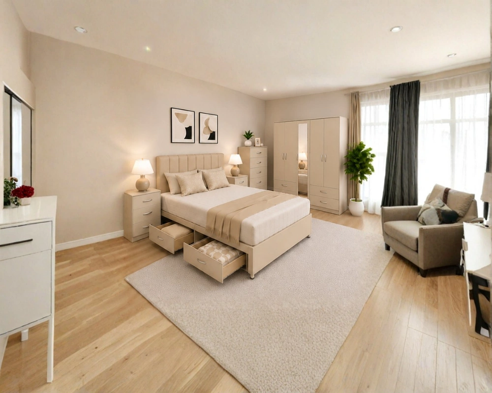 Complete Home Bedroom Collection - Four Door Wardrobe With Two Mirrors - Four Bottom Drawers - Double Bed - Image 2