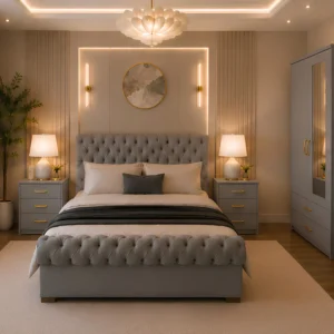 Modern Home Bedroom Furniture - Double Bed - Two Door Mirror Wardrobe - Five Drawer Chest - Two Bedside Cabinets