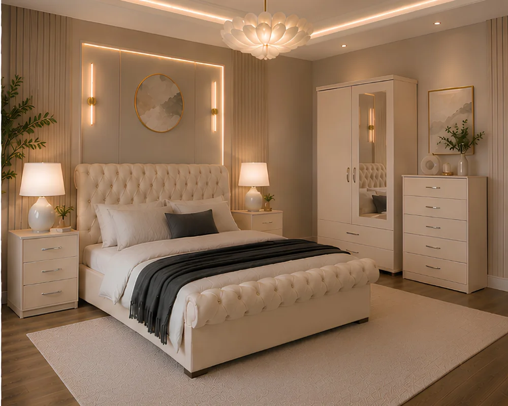 Bedroom Furniture Bundle - Double Bed - Two Door Mirror Wardrobe - Five Drawer Chest - Two Bedside Tables - Image 3