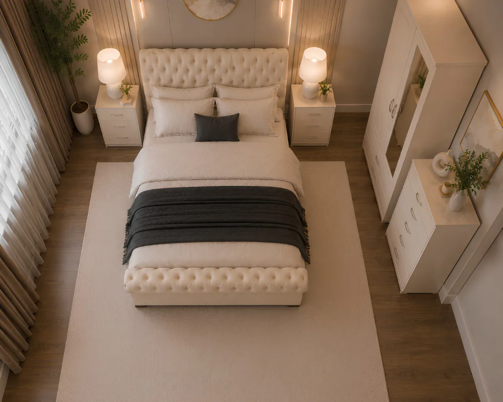 Bedroom Furniture Bundle - Double Bed - Two Door Mirror Wardrobe - Five Drawer Chest - Two Bedside Tables - Image 2