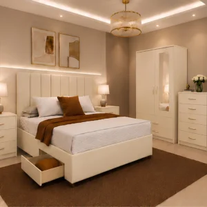 Luxury Bedroom Suite - Double Bed - Two Door Mirror Wardrobe With Bottom Drawer - Chest of Five Drawers - Two Bedside Units