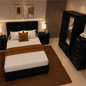 Complete Home Furniture Set - Double Bed - 2 Door Mirror Wardrobe - Chest of Five Drawers - Two Bedside Tables