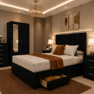 Premium King Size Bedroom Collection - Two Door Mirror Wardrobe With Bottom Drawer - Chest of Five Drawers - Two Bedside Tables