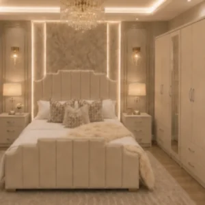 Premium Home Bedroom Furniture – Double Bed with Four Door Wardrobe, 2 Half Mirrors & Four Bottom Drawers