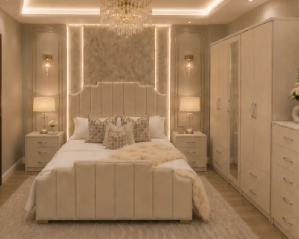 Premium Home Bedroom Furniture – Double Bed with Four Door Wardrobe, 2 Half Mirrors & Four Bottom Drawers
