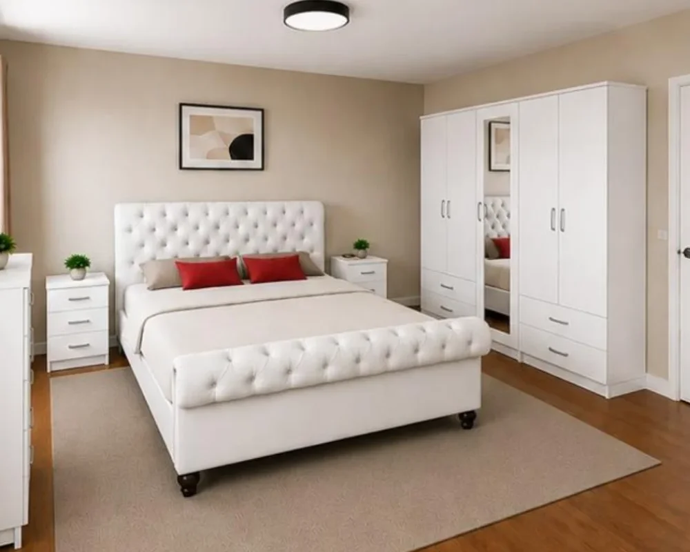 Modern Double Bed Furniture Collection - five Door Wardrobe With Four Drawer - Chest of Five Drawers With Two Bed Side Table - Image 3