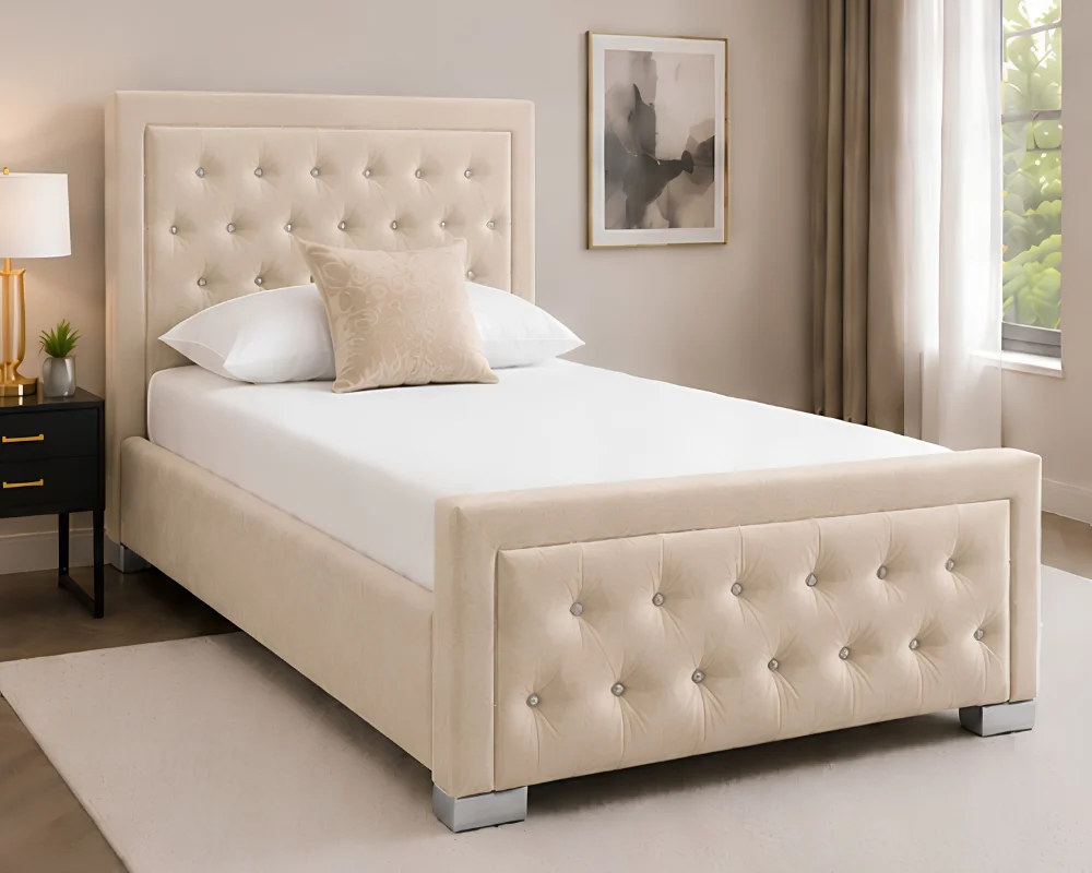 Luxury Beige Hilton Single Bed with Mattress – Elegant Tufted Headboard - Image 2