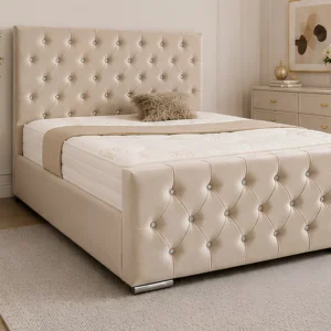 Beige Florida King Size Bed with Mattress – 5ft 180 × 200 cm Upholstered Tufted Bed
