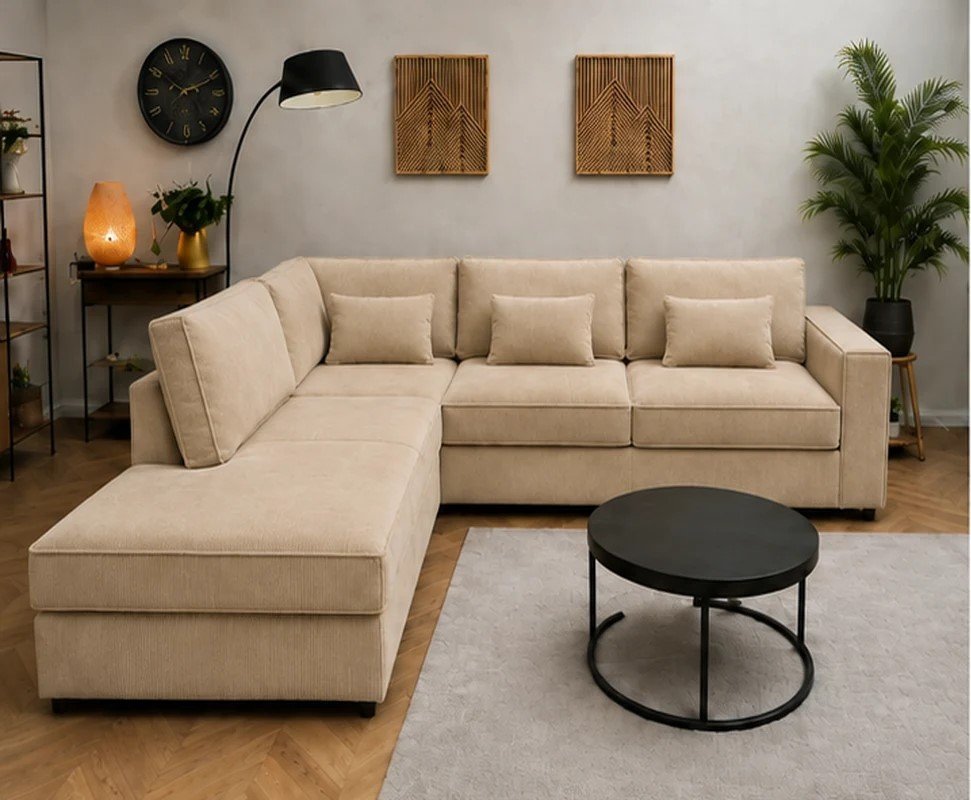 Luxury Beige L-Shaped Corner Sofa – Modern Sectional Living Room Sofa