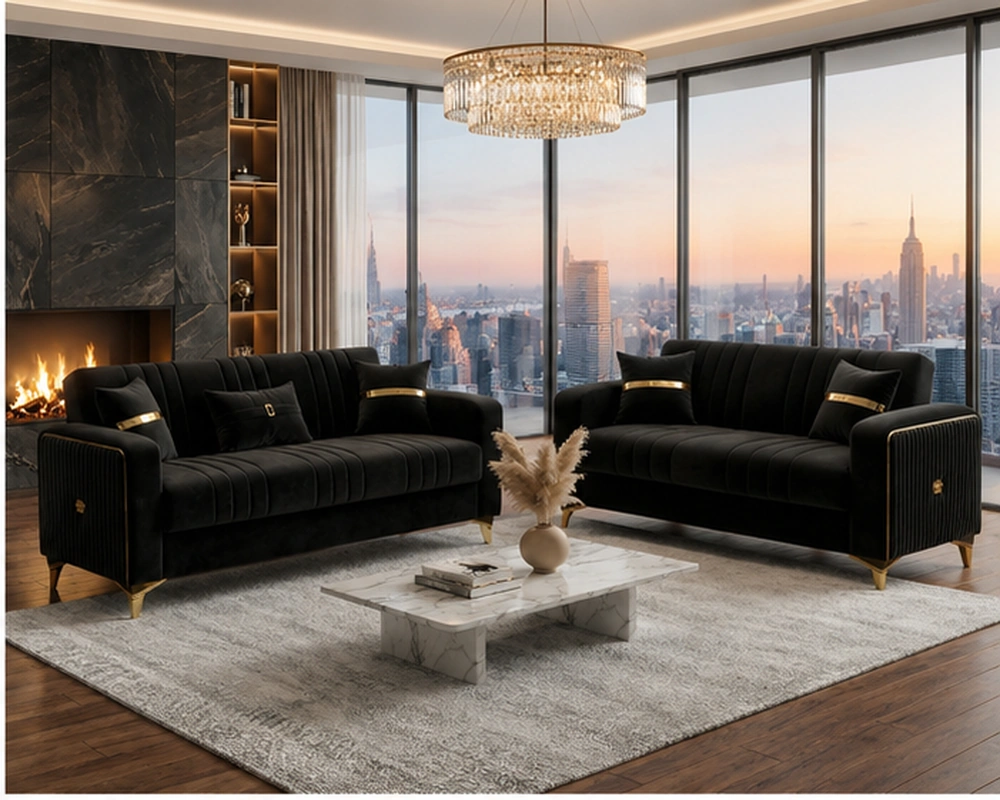 Luxury Black Velvet Sofa Set – Modern Gold Accent Sofa - Premium Plush Velvet Upholstery - Image 4