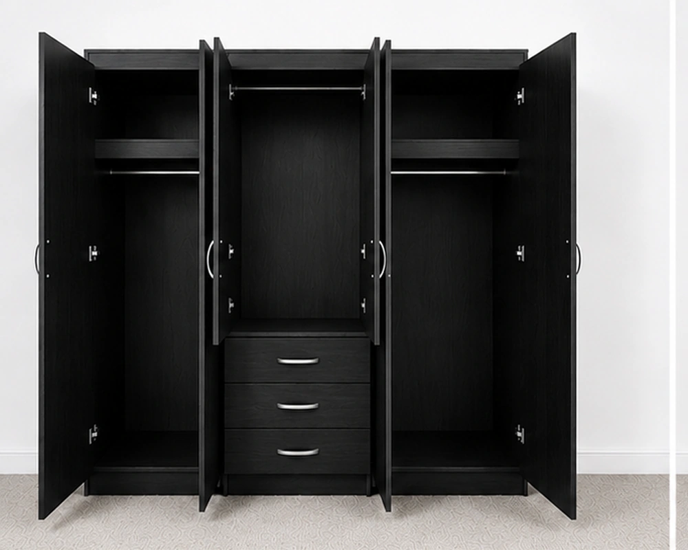 6 Door Black Wardrobe with 3 Drawers & Double Mirrors – Modern Bedroom Storage Cabinet - Image 4