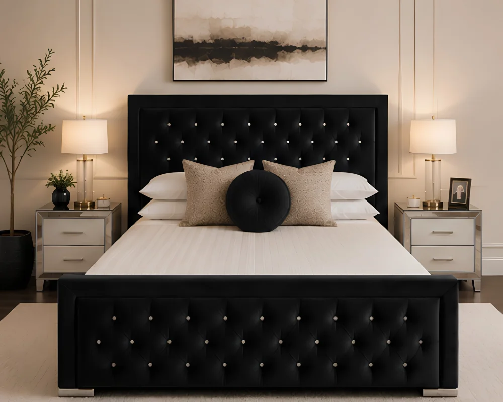 Modern Black Hilton Upholstered Bed with mattress – Elegant 180×200 cm King Size Bed with Mattress - Image 2