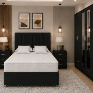 Complete King Size Bedroom Set– Storage Bed – 6 Door Mirrored Wardrobe – 5 Drawer Chest – Twin Bedside Cabinets