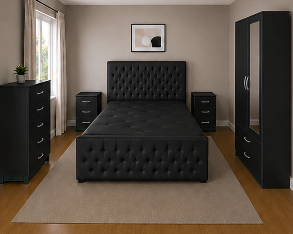 Complete Bedroom Collection With King Size Bed - Two Door Wardrobe With One Mirror - Chest of Five Drawers With Two Bed Side Table
