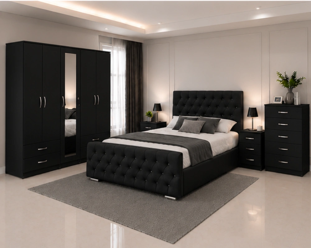 Classic Double Bed With Five Door Wardrobe With One Mirror - Chest of Five Drawers With Two Bed Side Table - Image 2