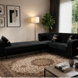 Luxury Black & Gold 6 seater Corner Sofa - Plush Velvet, Extra Foam- Higher Seats & Stylish Gold Detailing- Modern Premium Design