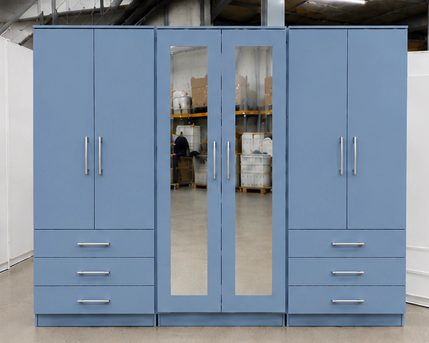 6 Door Blue Wooden Wardrobe with 6 Drawers & 2 Mirrors – Modern Bedroom Storage Cabinet - Image 2
